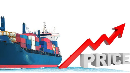 A cargo ship with an upward arrow next to it indicating rising freight rates.