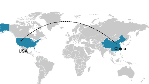 Use arrows to point from China to the United States on a global map.