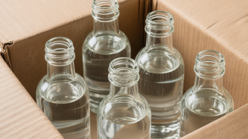 many water bottles in the cardboard box.